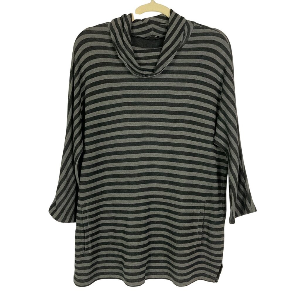 Talbots Cowl neck Gray & Blue Striped Tunic, Pockets, Medium Petite, 3/4 sleeve